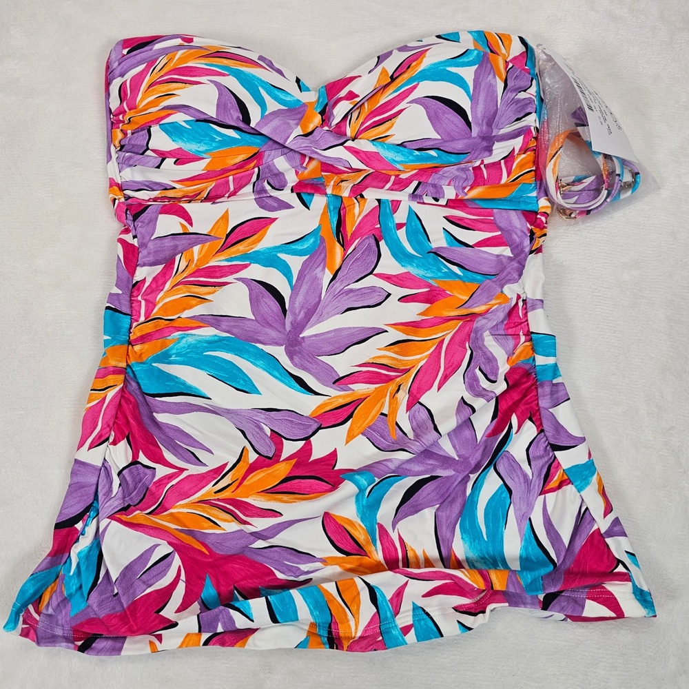 Anne Cole Tankini‎ Top Womens Tropical Leaf Print Ruched Bandeau Multi Small